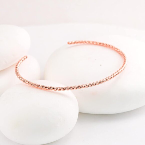 Lotus Stone Design Rose Gold Filled Twisted Rope Cuff Bracelet for Women, Medium - Picture 3 of 9